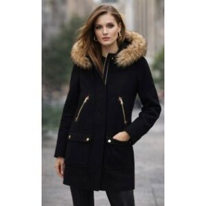 J.Crew Chateau Parka Black Italian Stadium-cloth Wool Faux Fur Trim Hood Coat 4P
